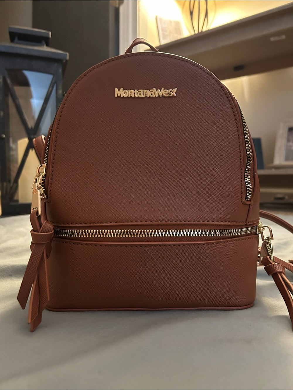 Montana West Brown Saffiano Mini Backpack with Gold Hardware